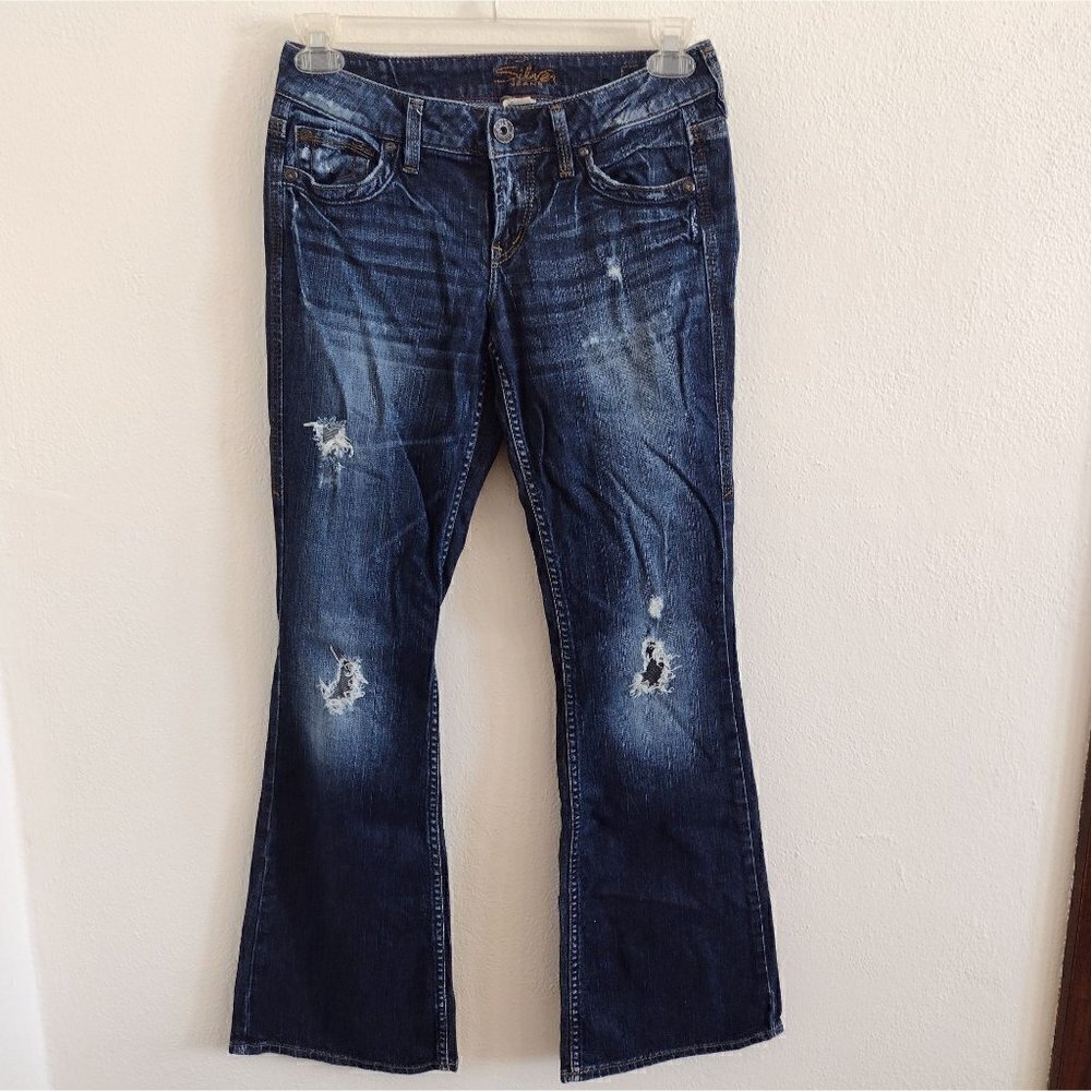Silver Jean Womens 26 X 33 Eden Flare Leg Deconstructed Distressed Dark Wash